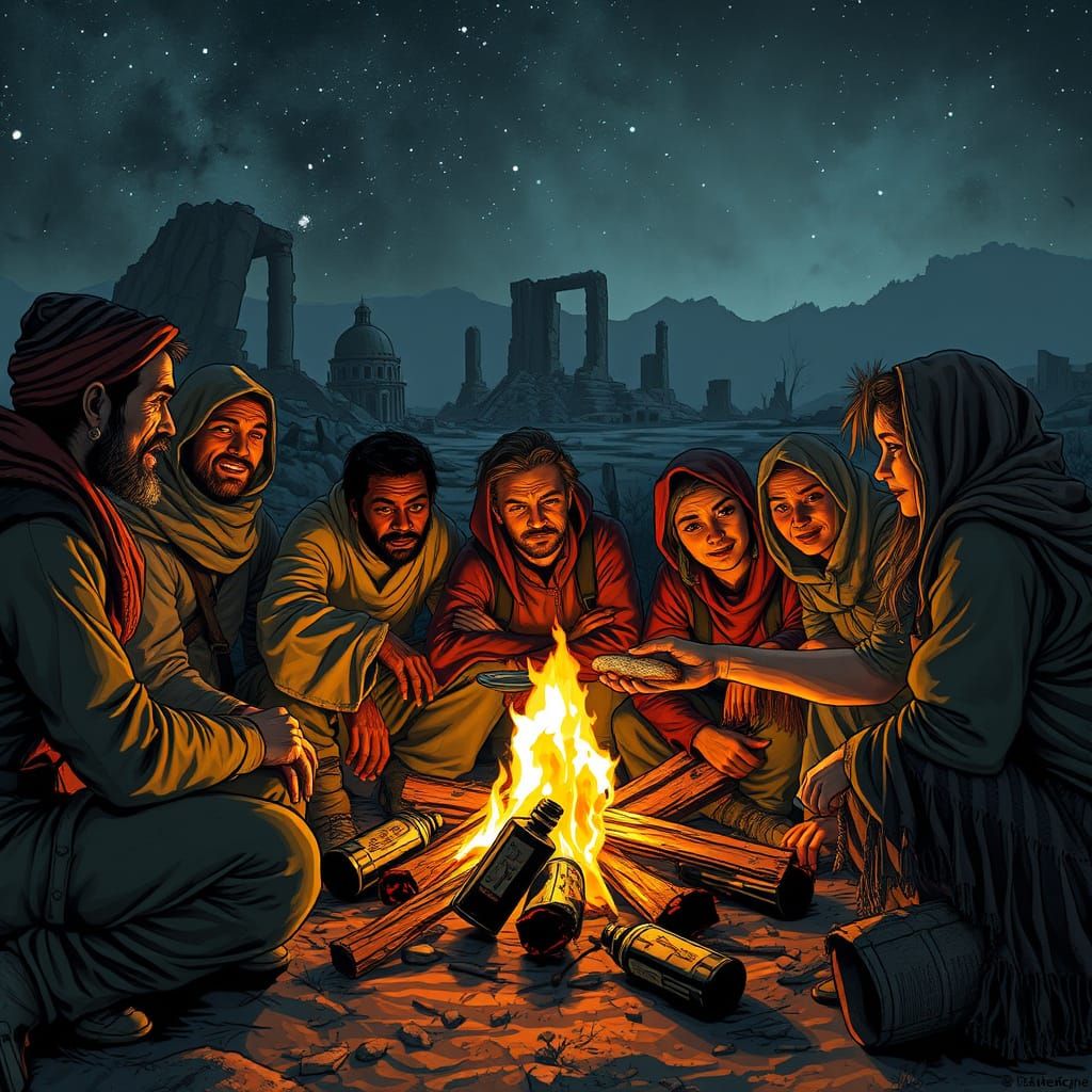 Survivors Share Hope Around Campfire in Post-Apocalyptic Cit...