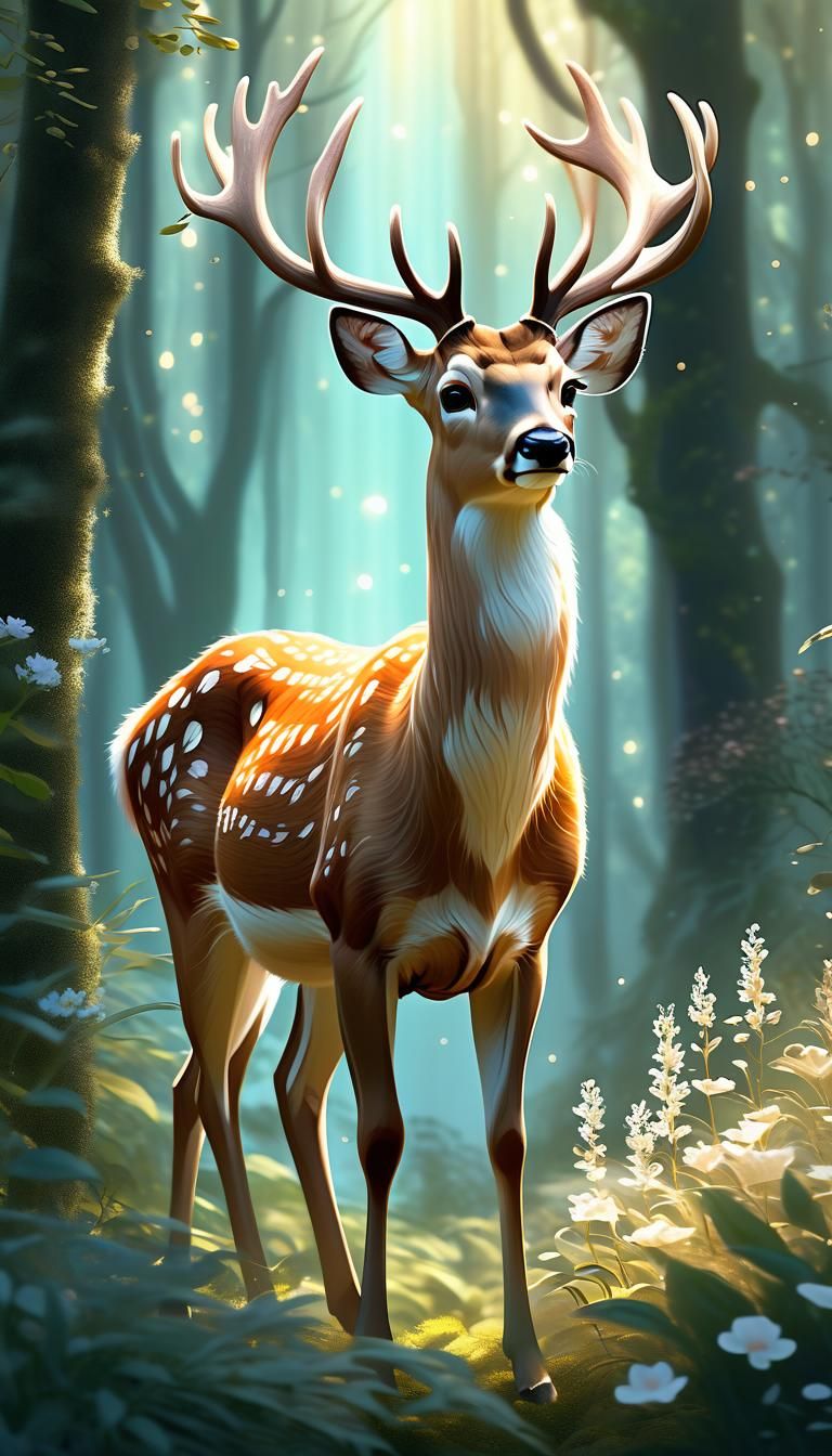 Graceful Deer in Mystical Forest: 3D Digital Art