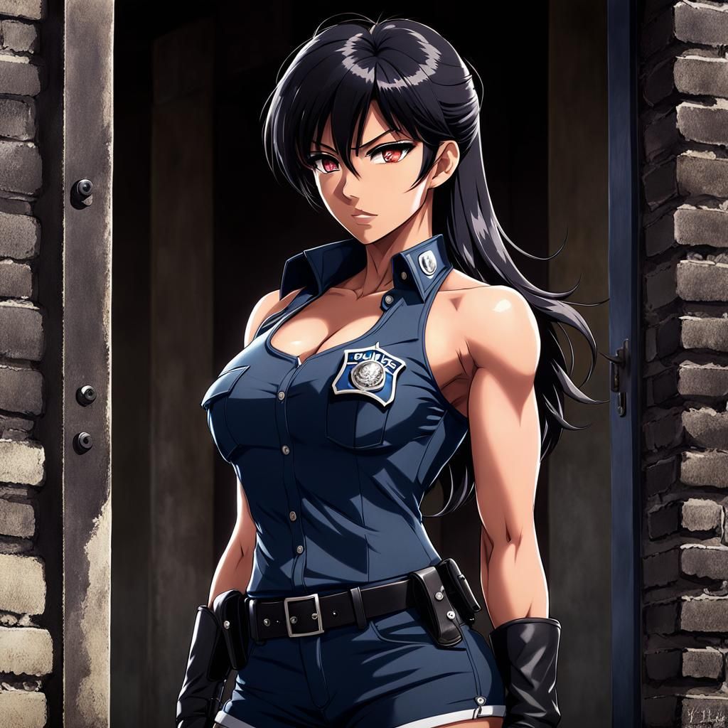 Anime-Style Muscular Officer Against Prison Wall