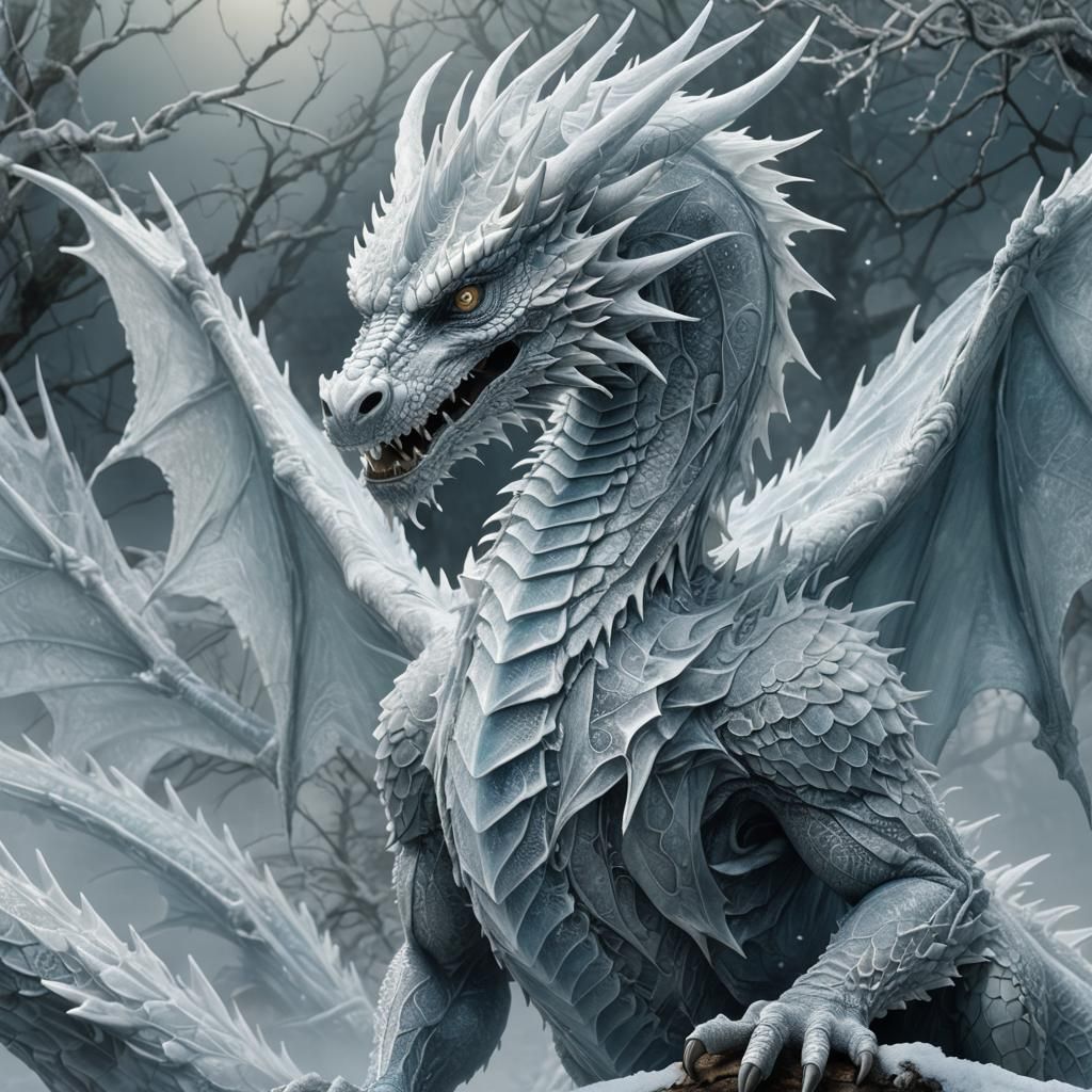Icy White Dragon in Magical Realism Style