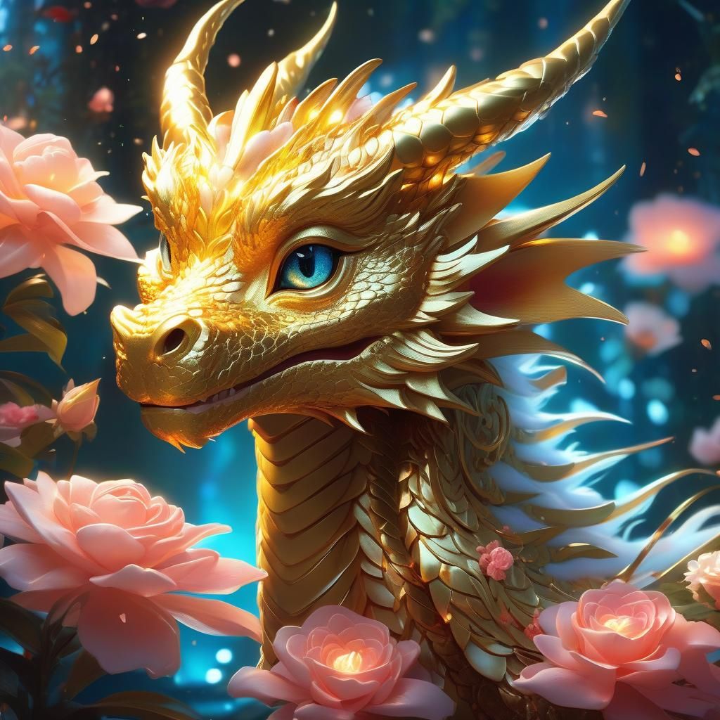 Adorable Golden Dragon with Flowers in Watercolor Style