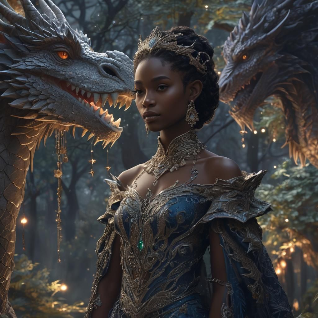 Fantasy Elf and Dragon in Starry Forest, Soft Lighting