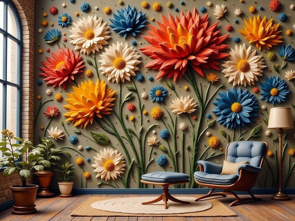 Impasto 3D Floral Mural in Stunning Textured Detail