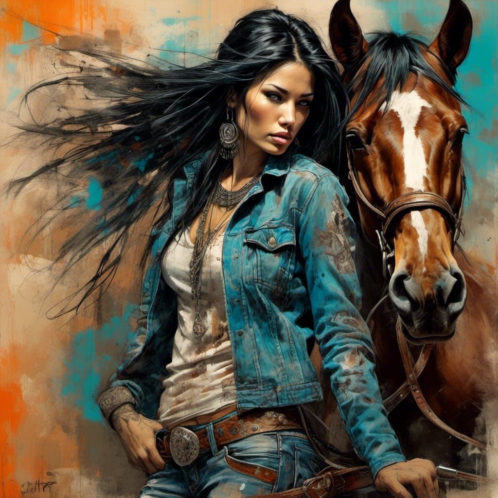 Goddess Cowgirl with Horse at Sunset