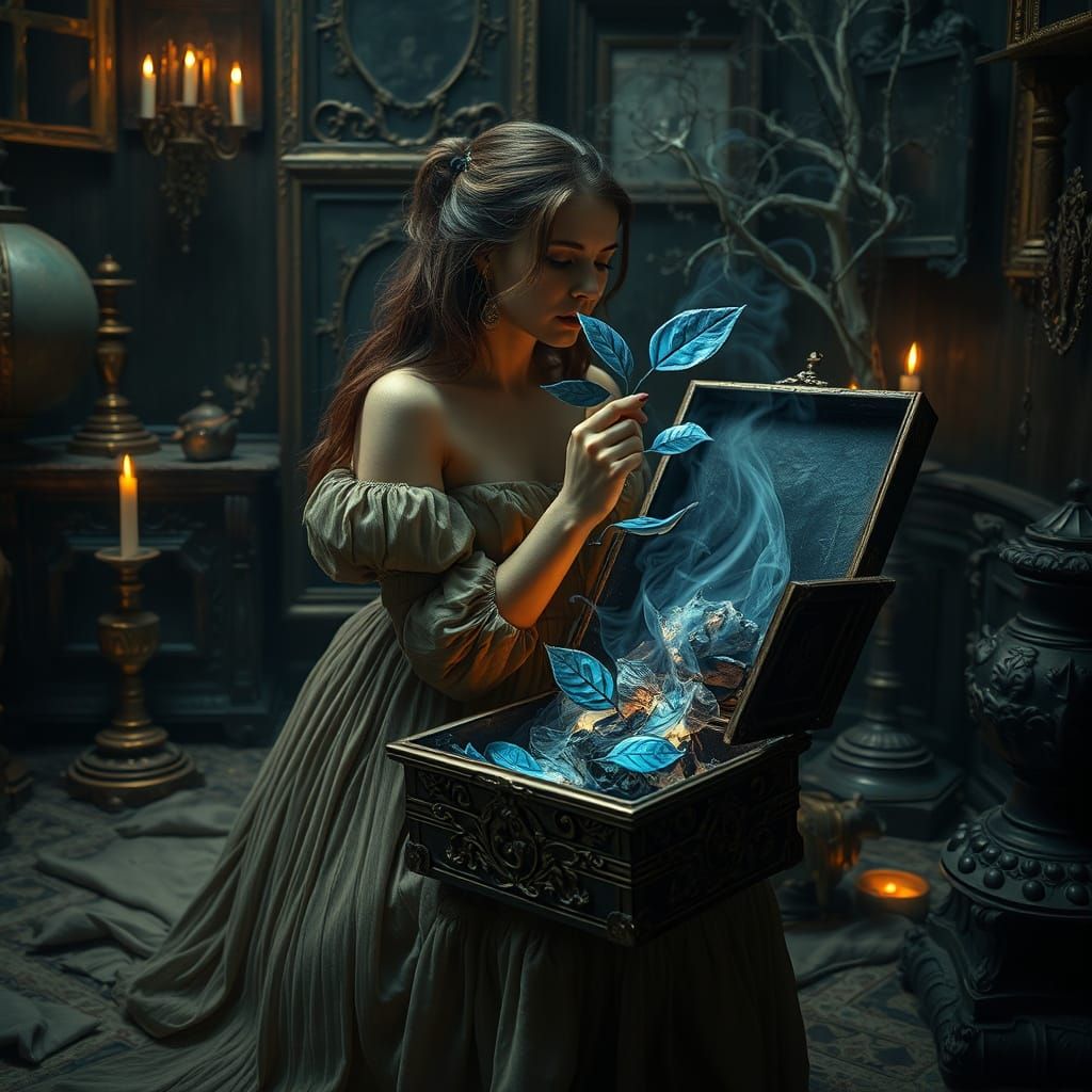 Mystical Woman Inhales Glowing Leaves: Gothic Realism