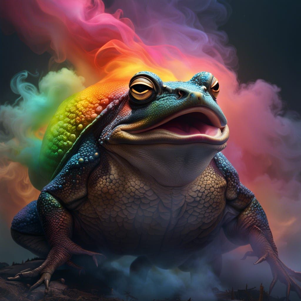 Giant Toad Blows Rainbow Smoke in Dark Fantasy Style