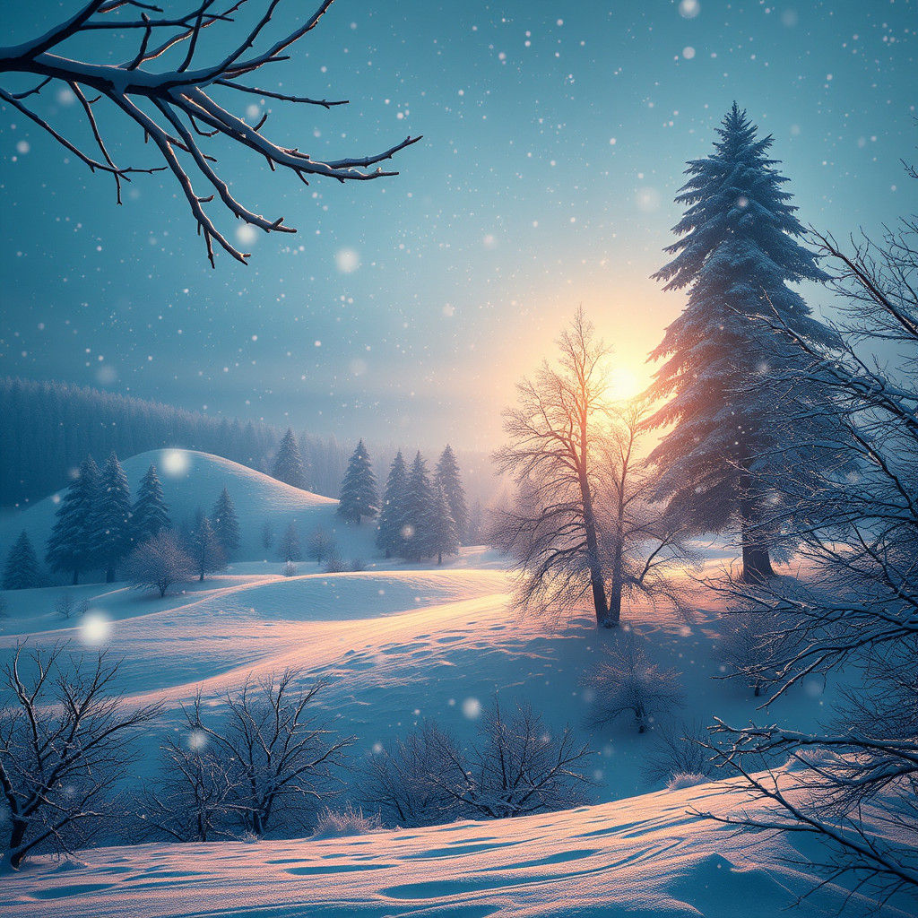 Mystical Winter Landscape with Snowflakes and Golden Light