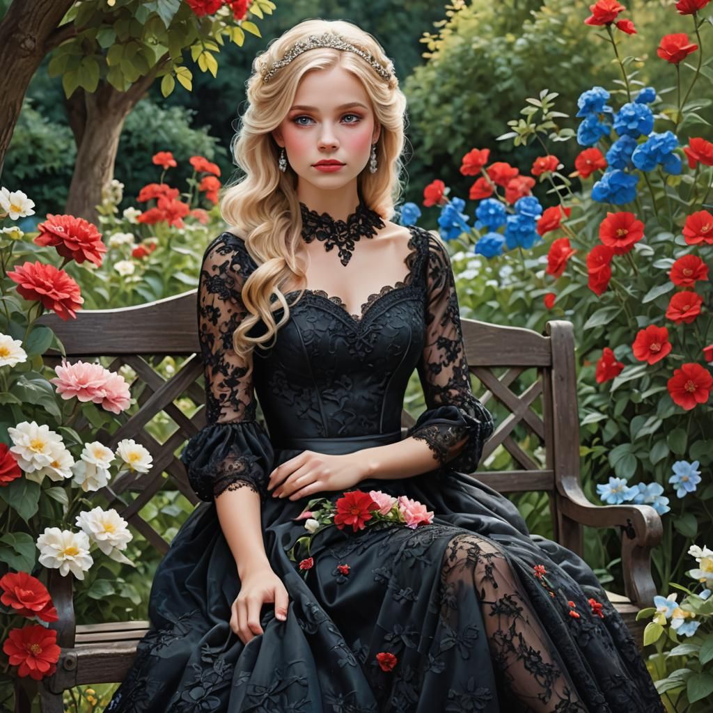 Princess in Black Lace Gown in Flower Garden