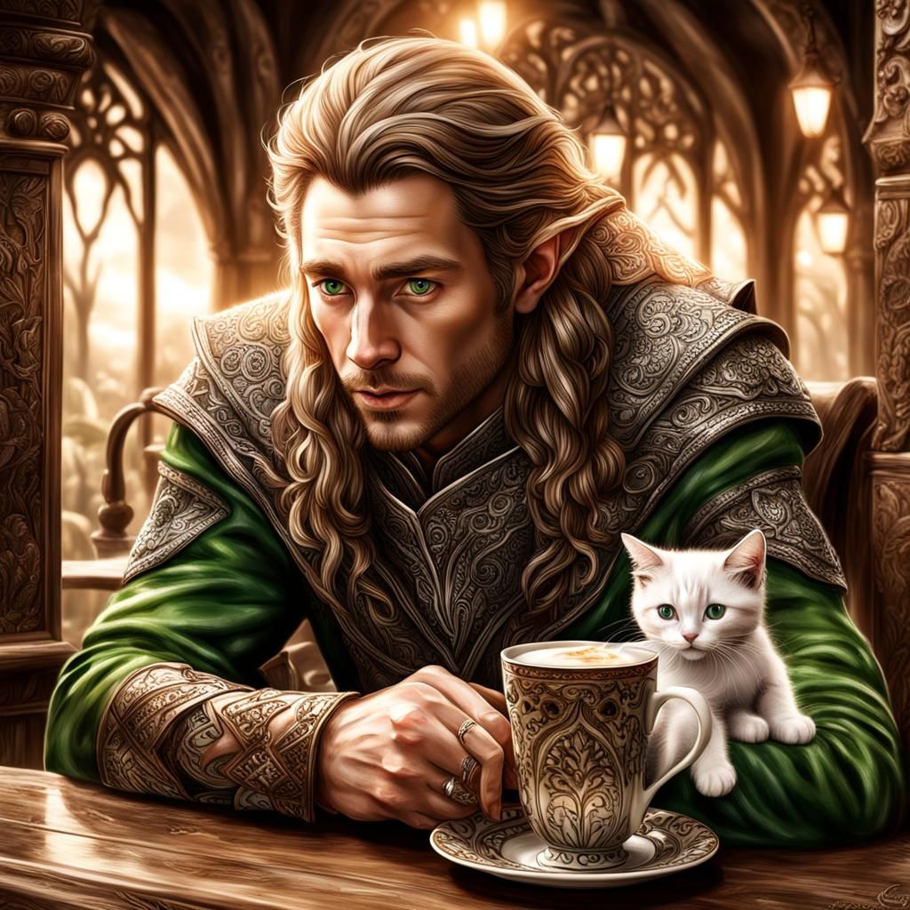 Elven Man with Kitten Enjoying Coffee: Hyperrealistic Image