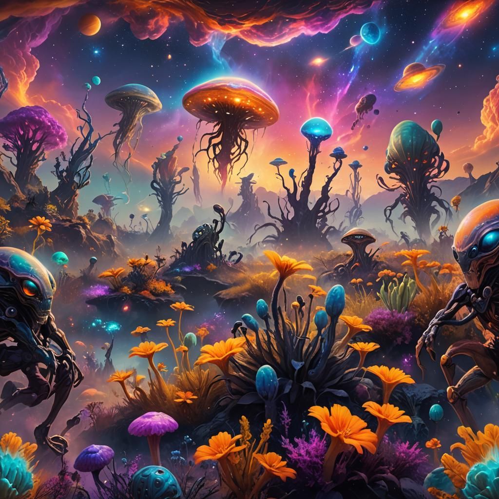 Colorful Alien Gathering in Glowing Nebula: Matte Painting