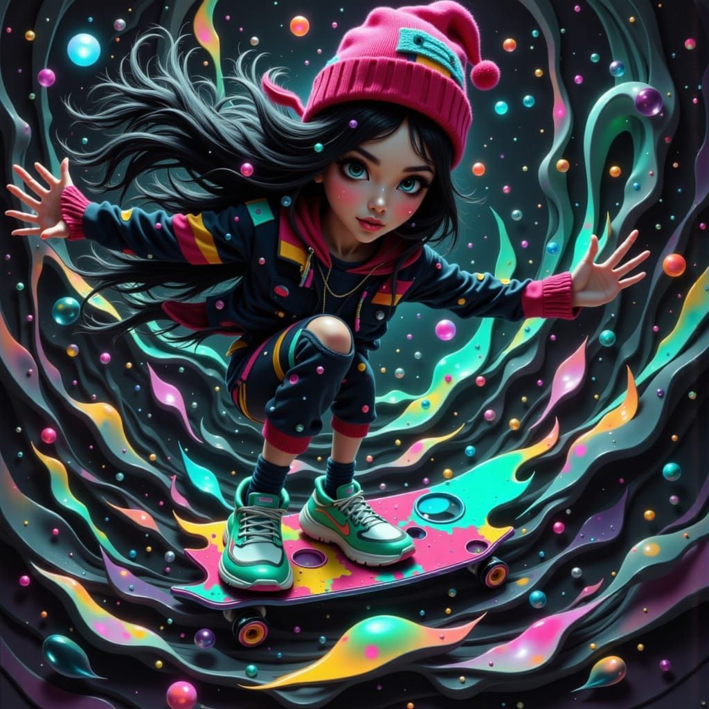 Skater Girl in Neon Checkered Cyberpunk Style