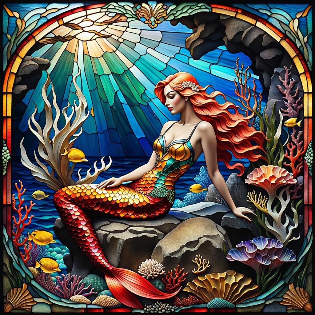 Art Deco Mermaid in Stained Glass