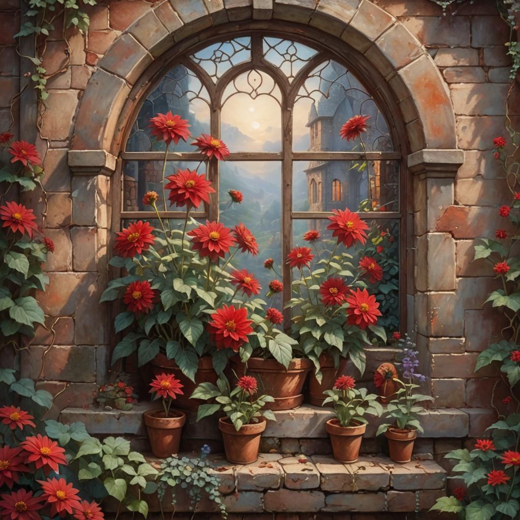 Red Dahlia Bloom in Medieval Window, Ethereal Fantasy