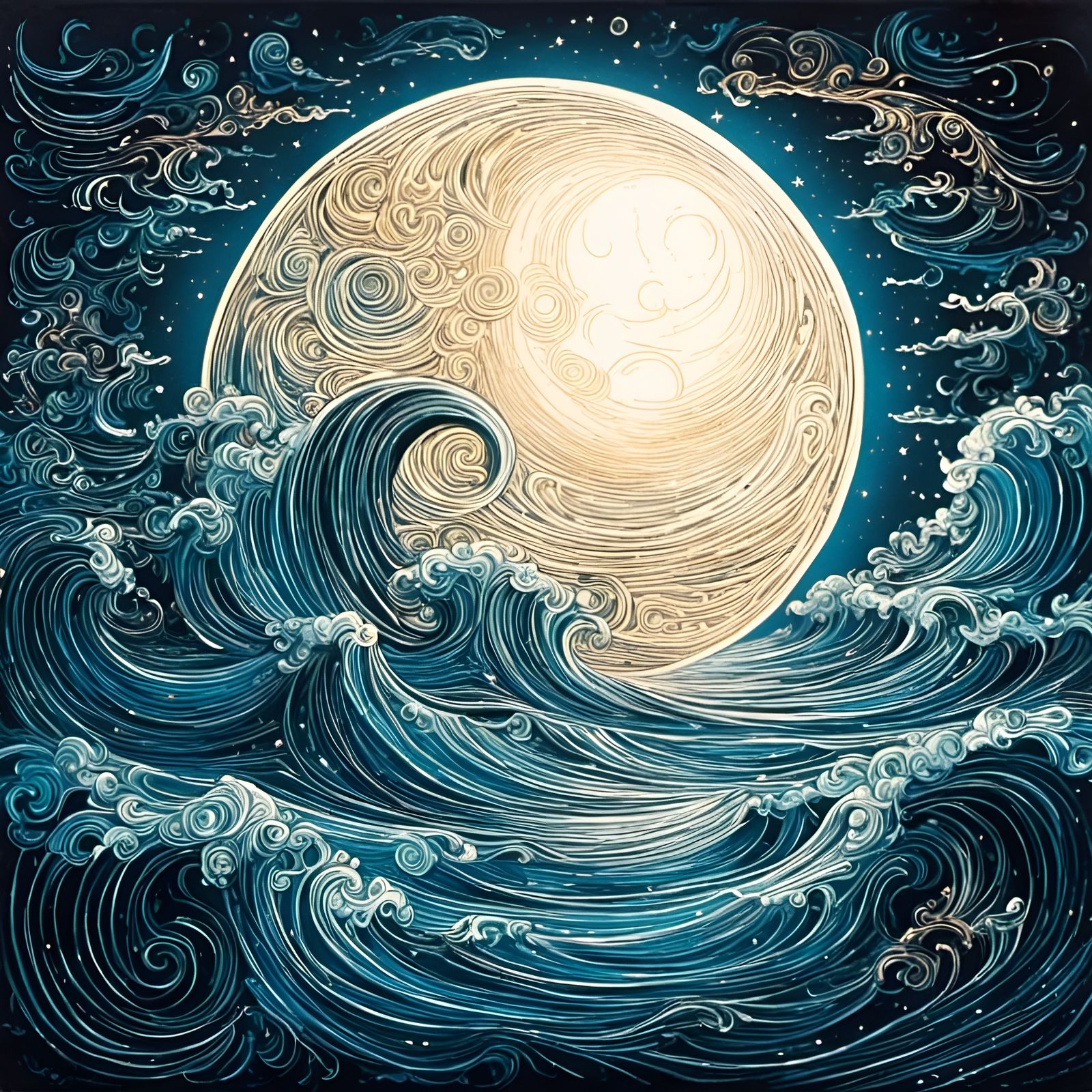 Etched Moon and Sea in Cosmic Surrealism
