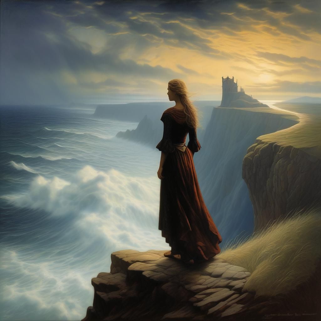 Woman on Cliff Overlooking Sea in Dramatic Lighting
