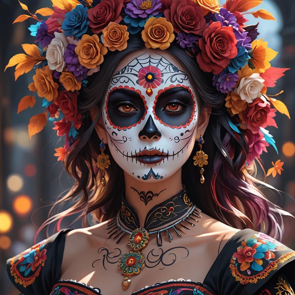 Woman with Día de los Muertos Face Paint in Anime Style