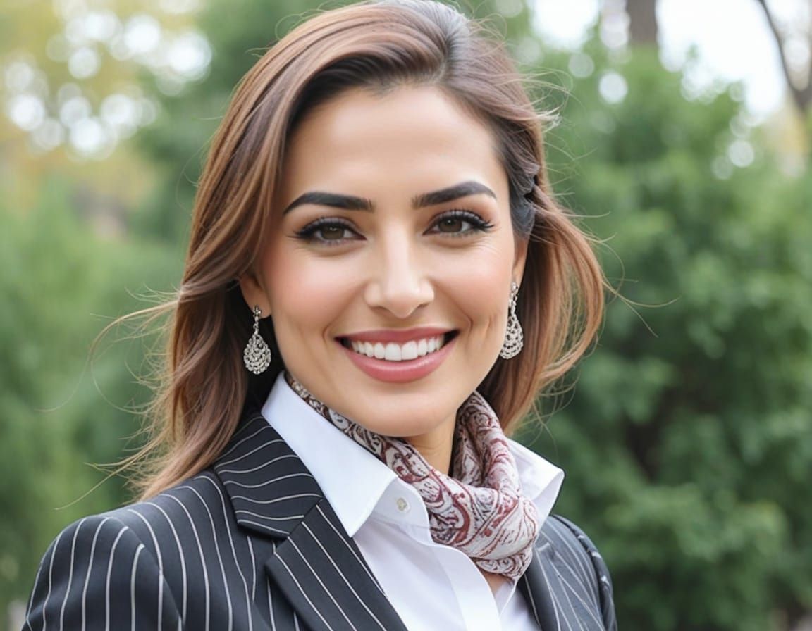Elegant Iranian Businesswoman in Dark Pinstripe Suit