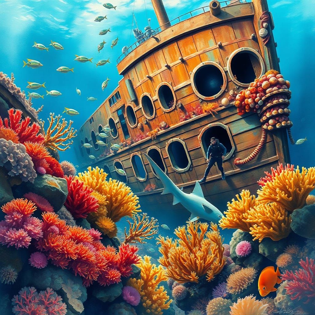Underwater Coral Reef and Shipwreck in Watercolor Style