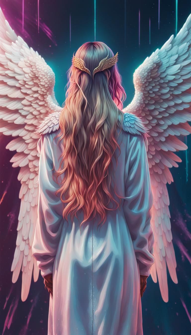 Vaporwave Angel with Colorful Wings