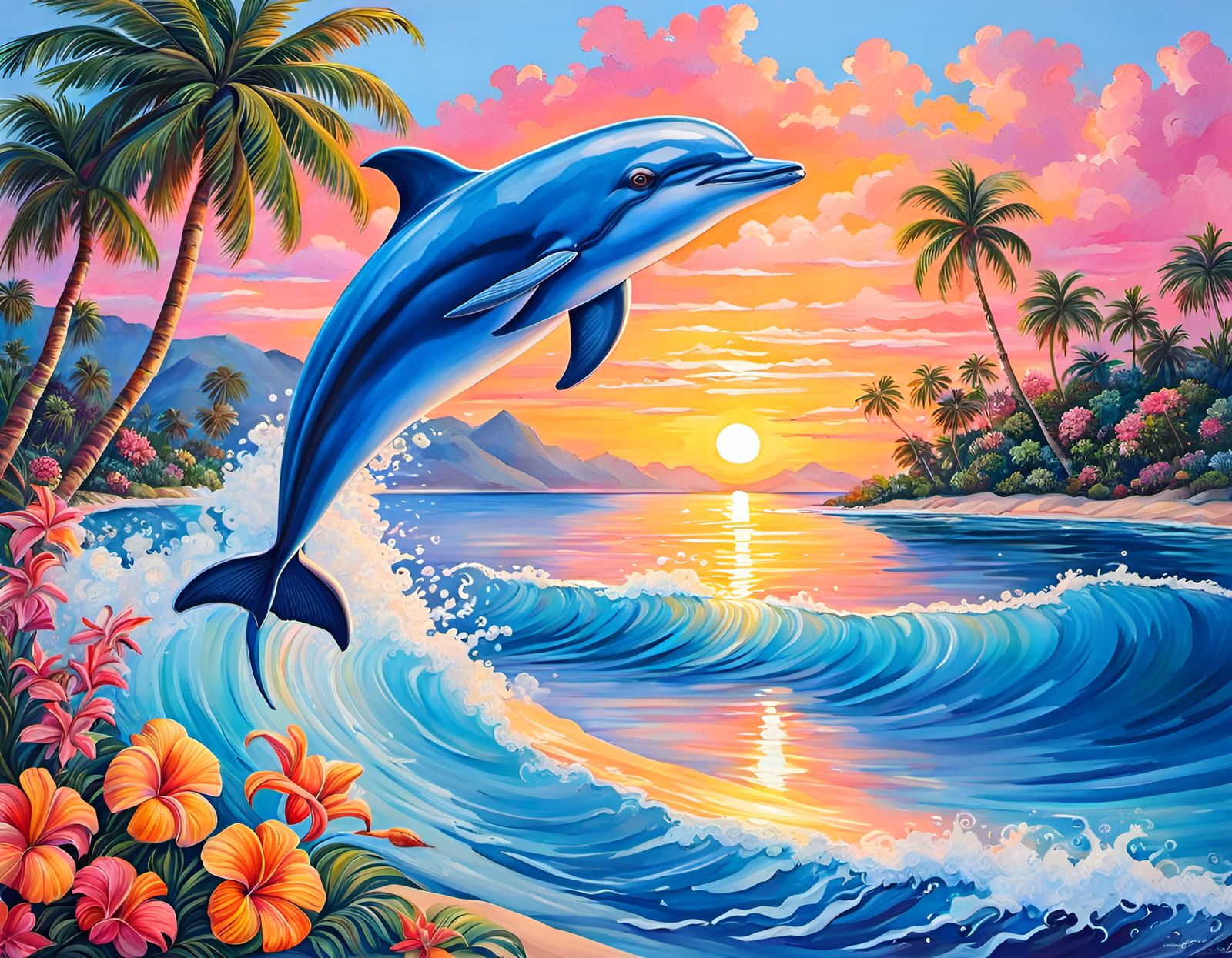 Dolphin Leaping at Sunset: Gouache Painting
