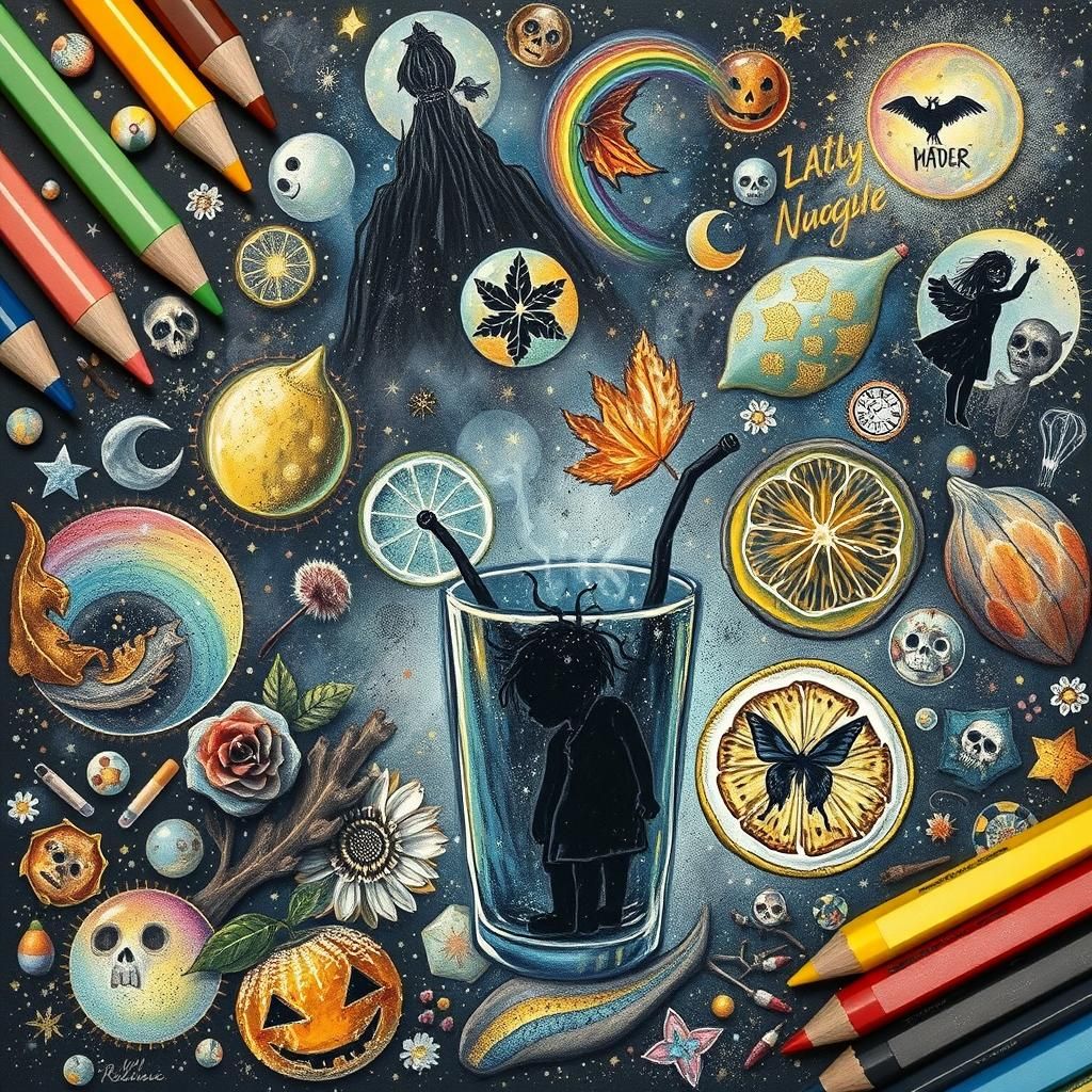 Child Gazing at Cosmic Lemonade City in Crayon Style