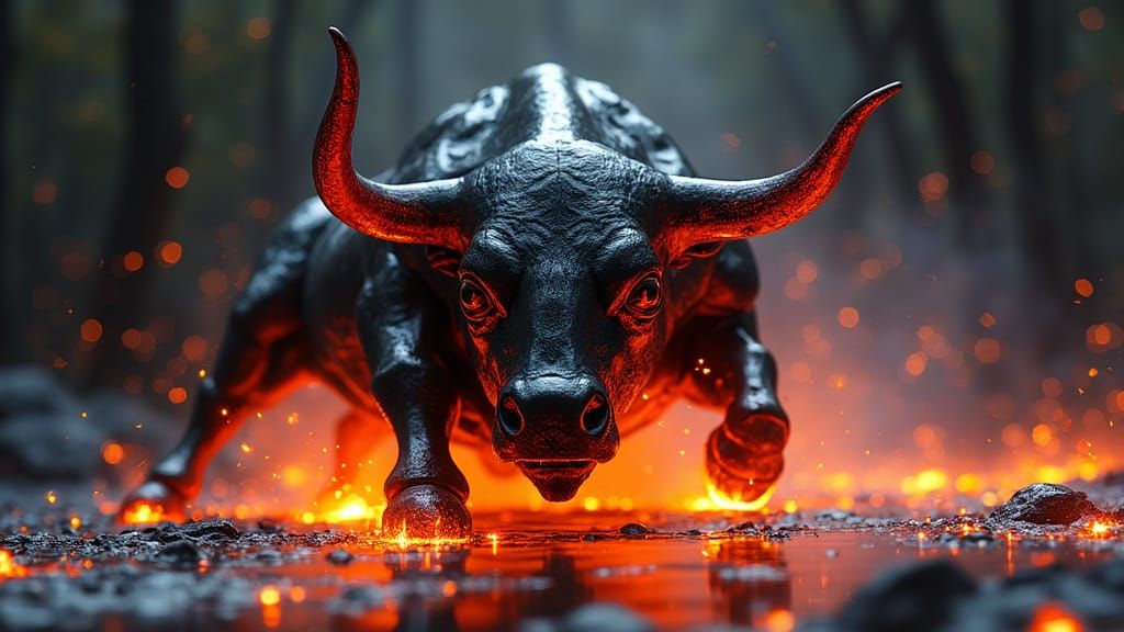 Hyperrealistic Obsidian Bull Sculpture Charging with Fiery E...