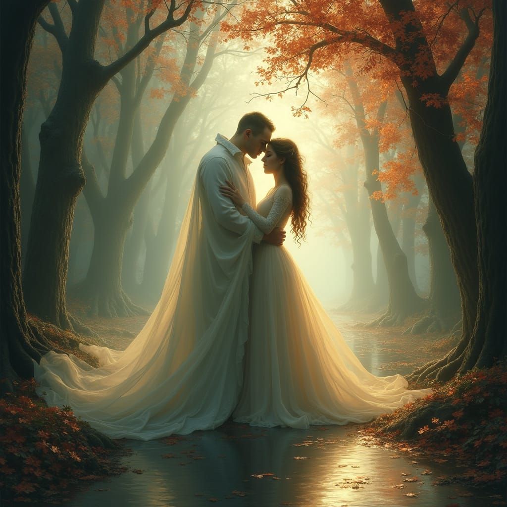 Ethereal Couple in Dreamlike Embrace, in the Style of 18th-C...