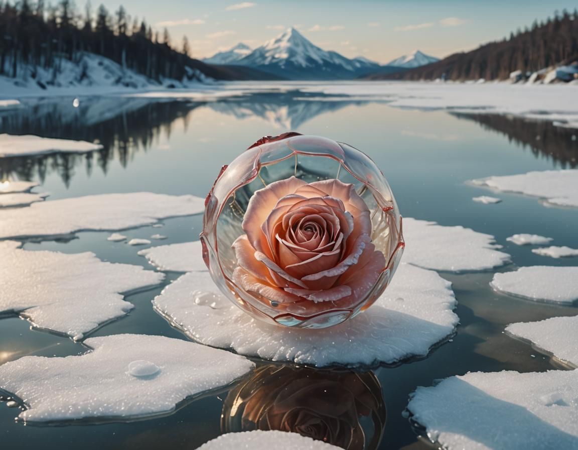 Glass Rose on Frozen Lake in Surrealist Style