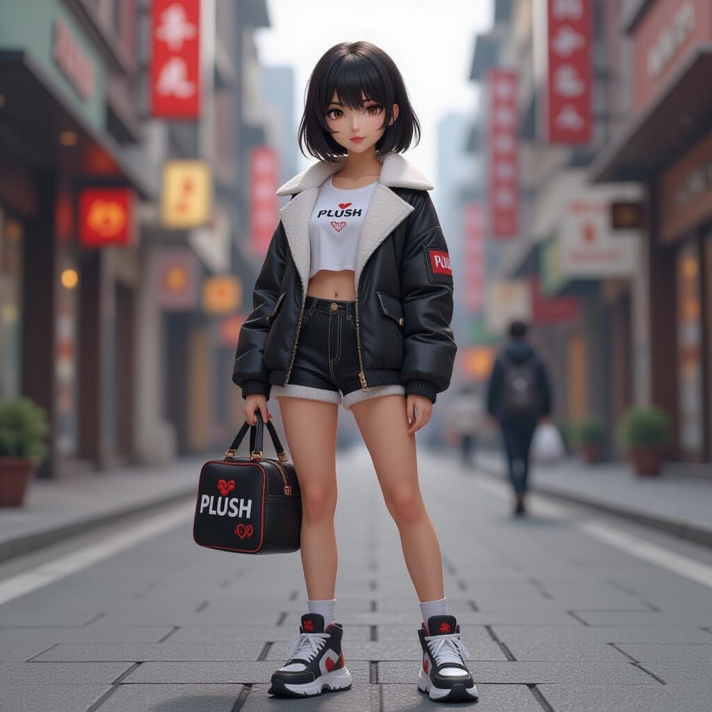 3D Anime Woman with Plush Sneakers and Bag