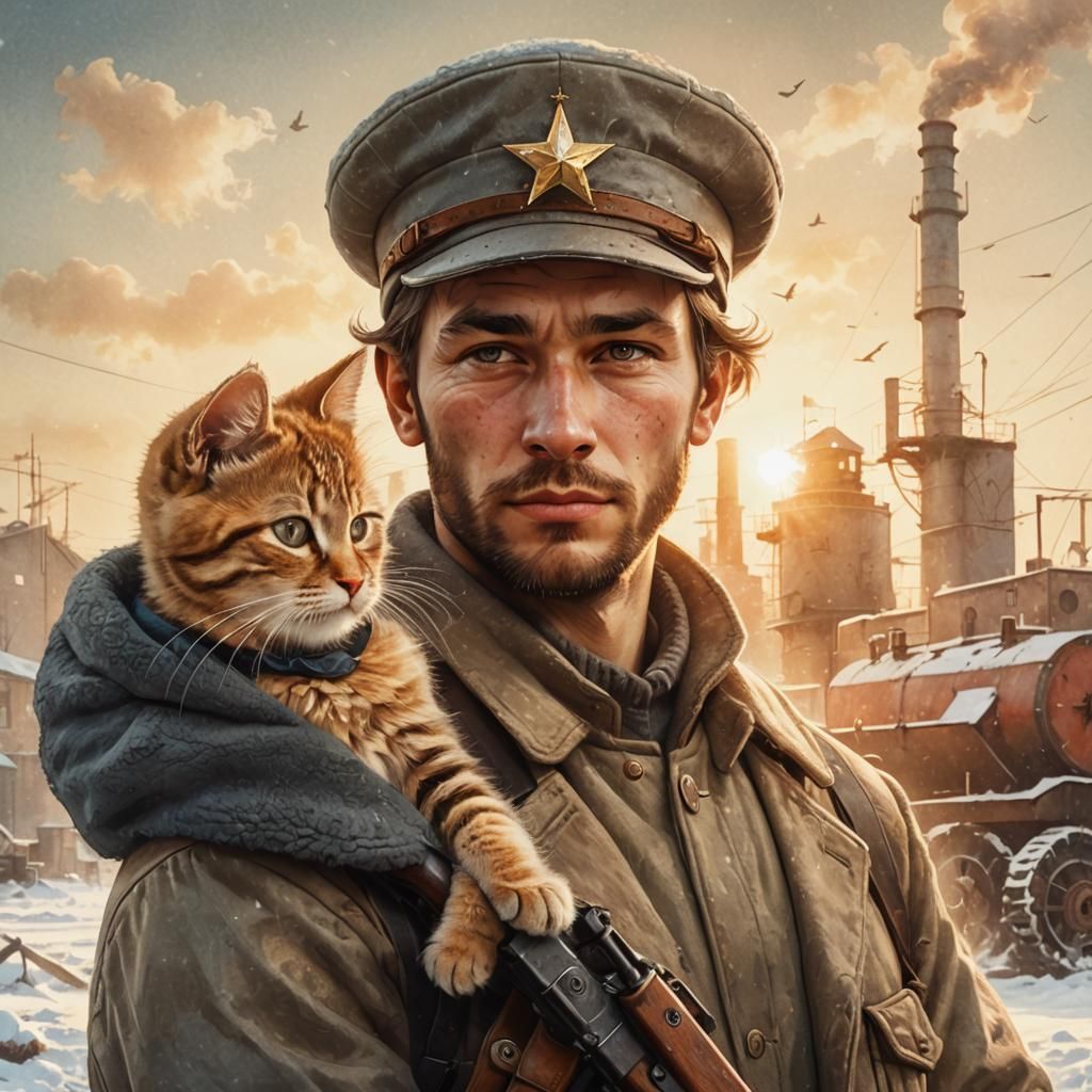 Man with Kitten and Rifle in 1930s Industrial Setting