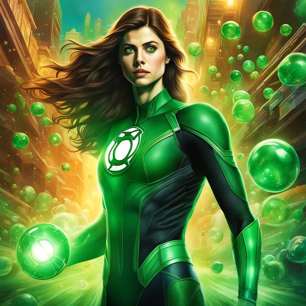 Green Lantern Surrounded by Light, Hyperrealistic Splash Art