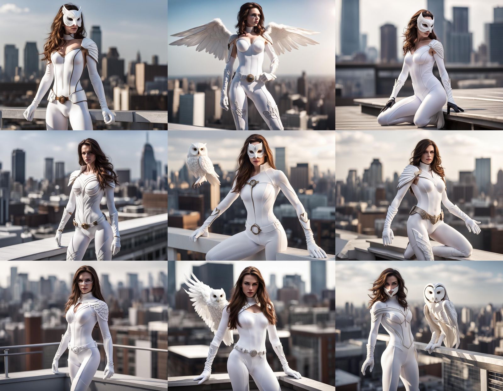 Rooftop Superheroine in White Bodysuit, Photorealistic 8K