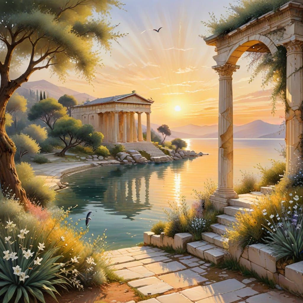 Idyllic Greek Temple Watercolor Landscape