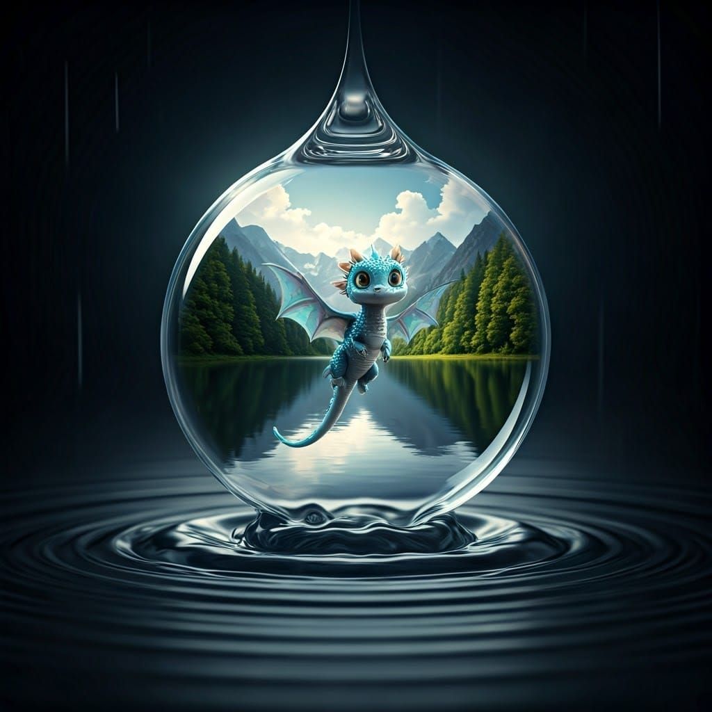 Iridescent Dragon Soaring in Raindrop, Hyperrealistic Style