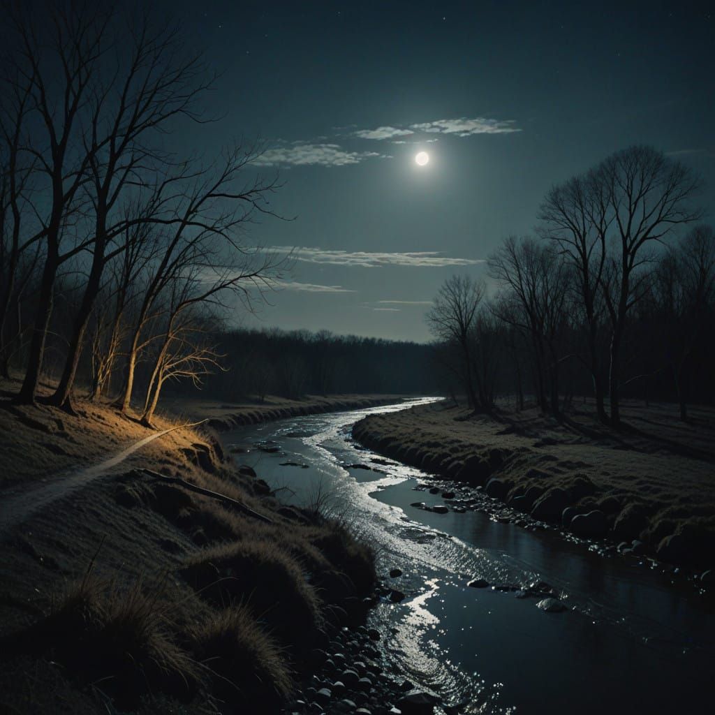 Ethereal Moonlit Riverbank Embracing Hope and Despair