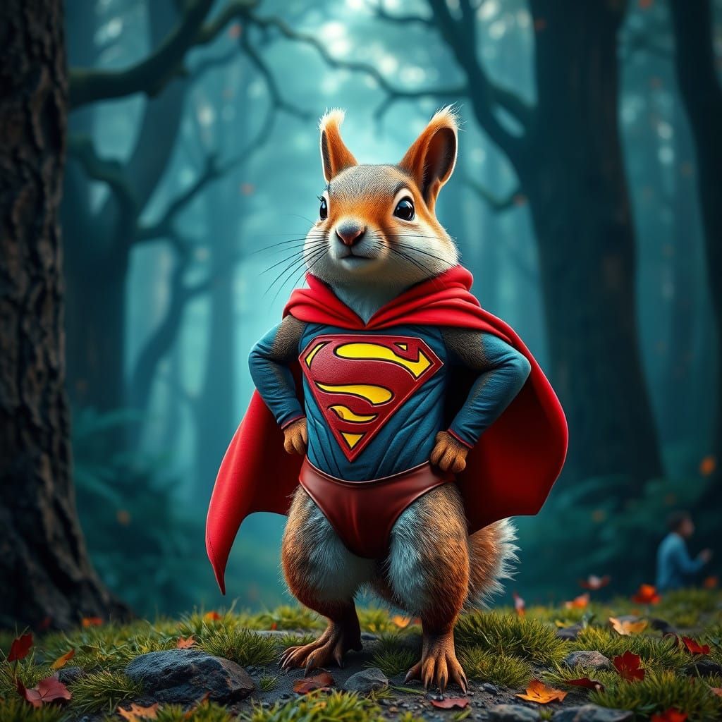 Vibrant Superman Squirrel in Mystical Forest