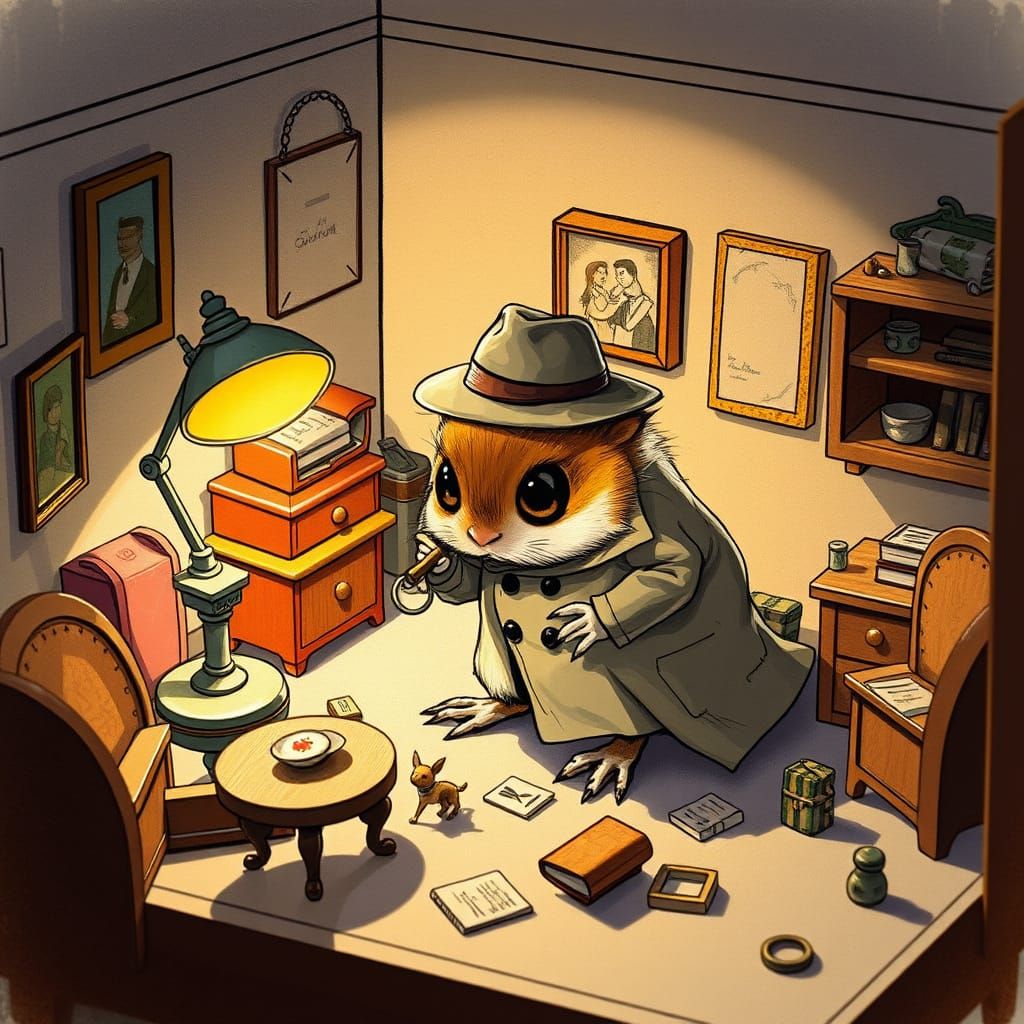 A mischievous tribble, clad in a tiny detective's trench coat and hat, investigates a miniature crime scene inside a dol...