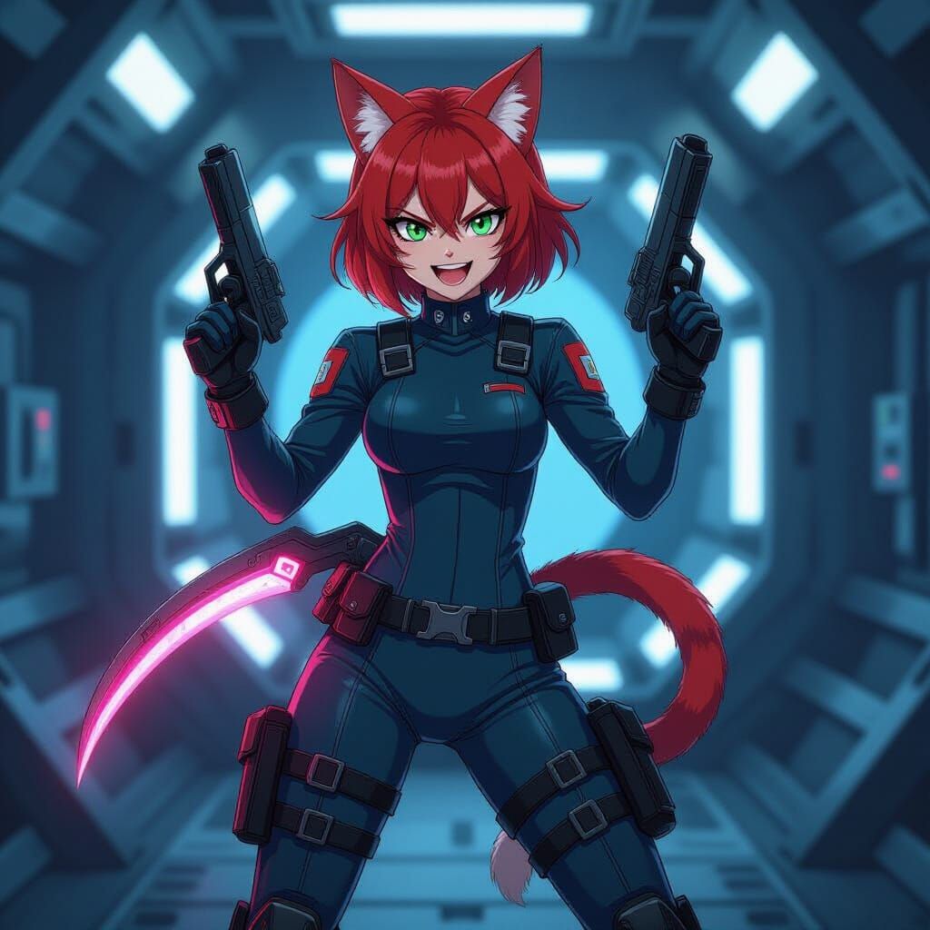 Feline Space Pirate Akane in Gritty Anime Style