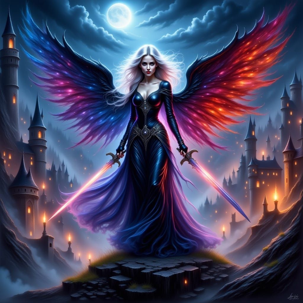 Winged Warrior in Misty Cityscape: Fantasy Concept Art