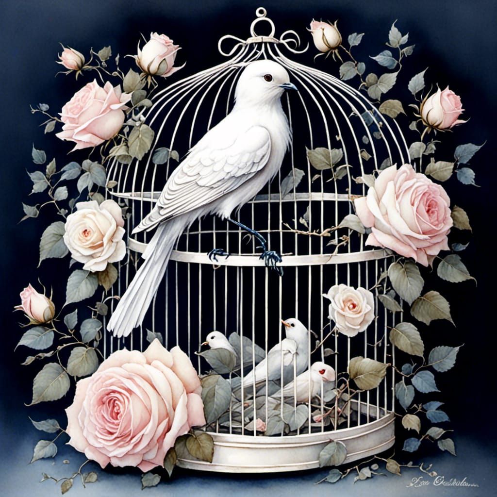 White Bird in Cage with Roses, Painterly Style