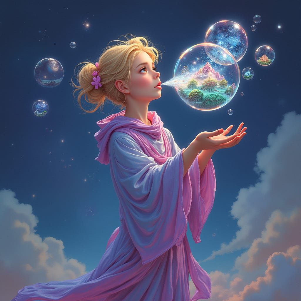 Celestial Robed Figure Blowing Biome Bubbles