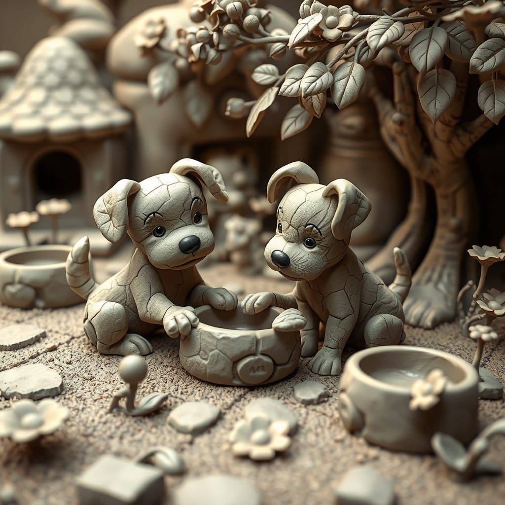 Whimsical Clay Canine Friends in Earthy Fantasy Landscape