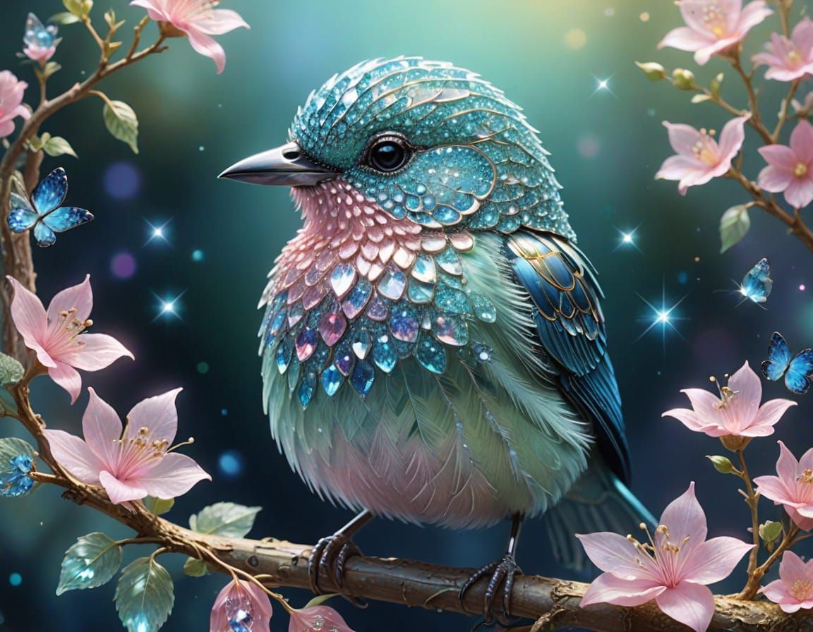 Sparkling Mint-Pink Bird with Golden Filigree