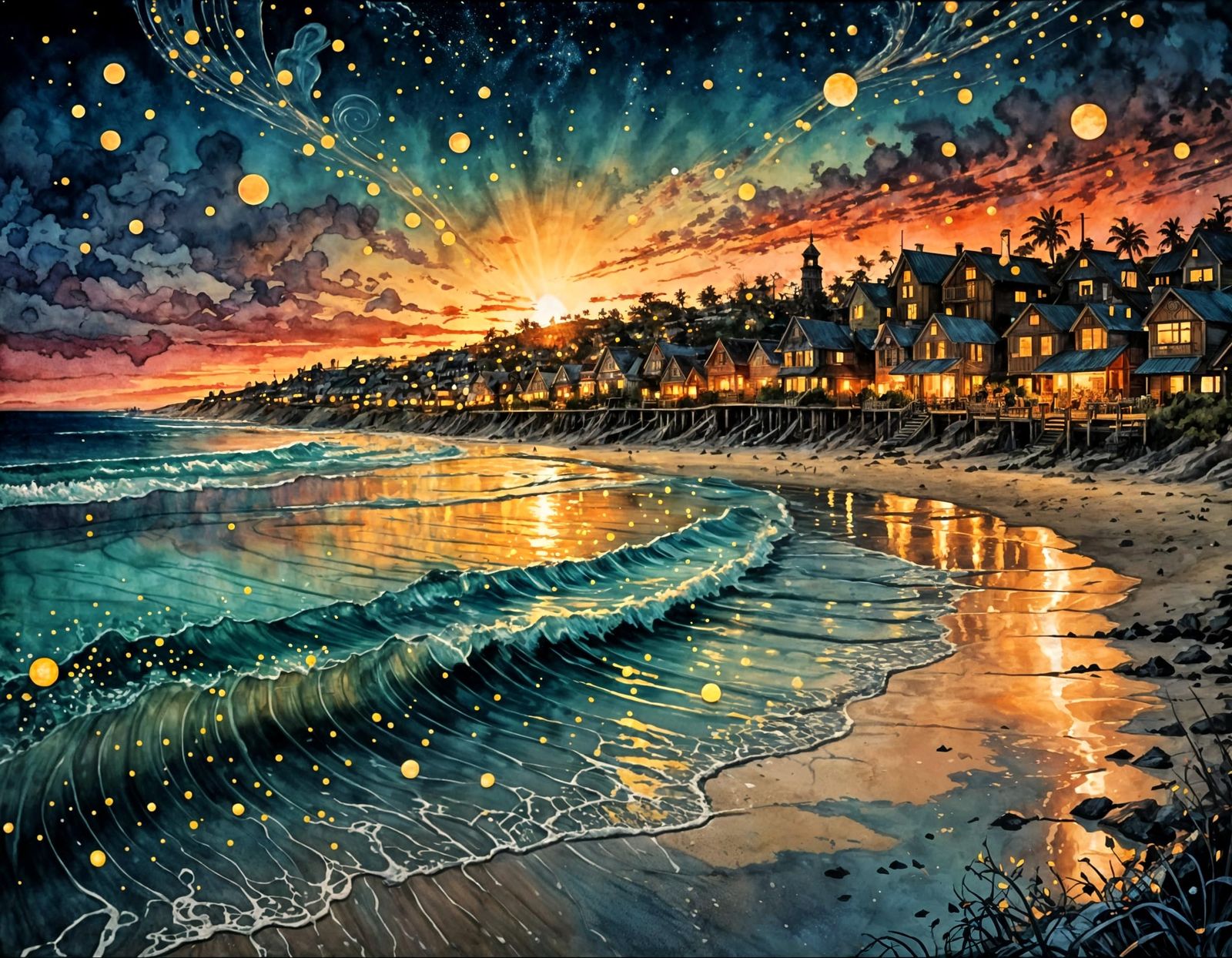 Beach Kingdom at Sunset: Watercolor Oceanscape