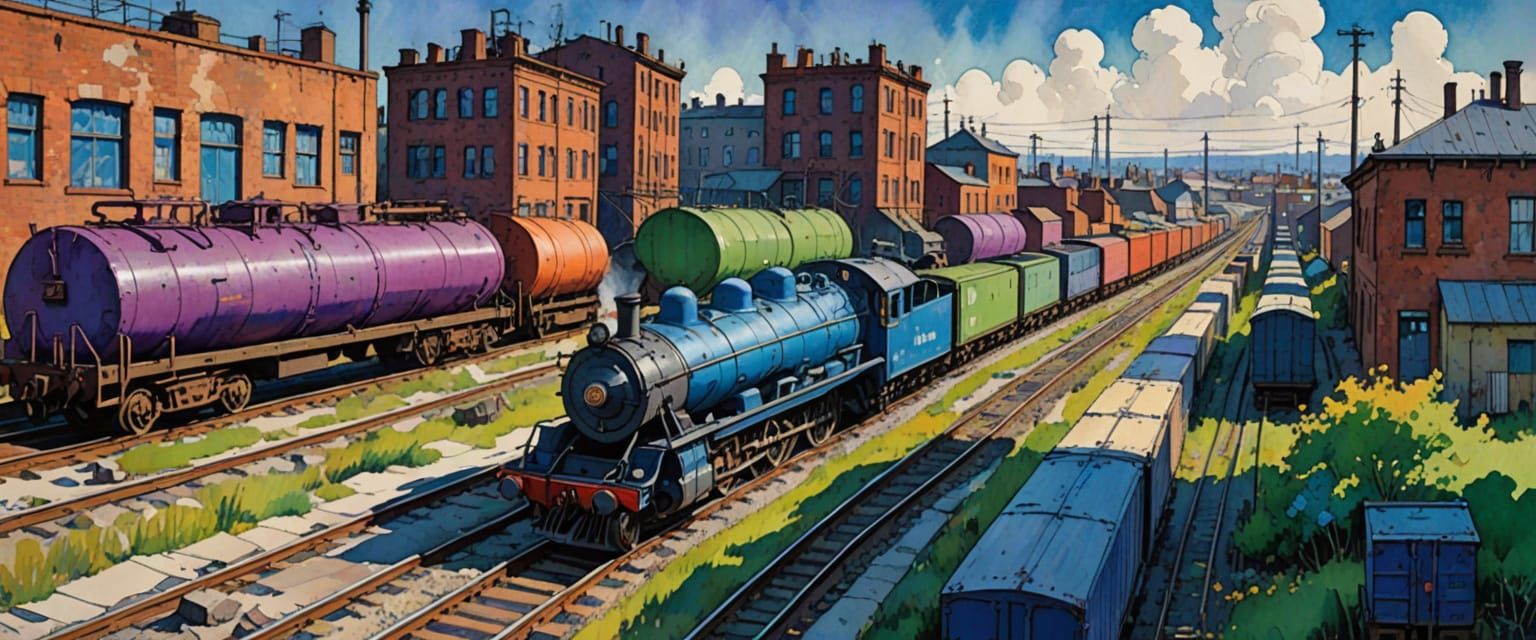 Industrial District Watercolor with Impressionistic Lighting