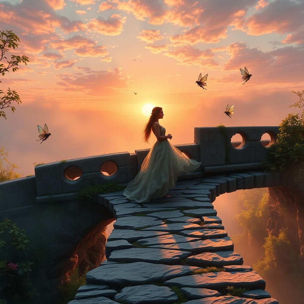 Loving Couple on Stone Bridge with Fairies, Sunrise