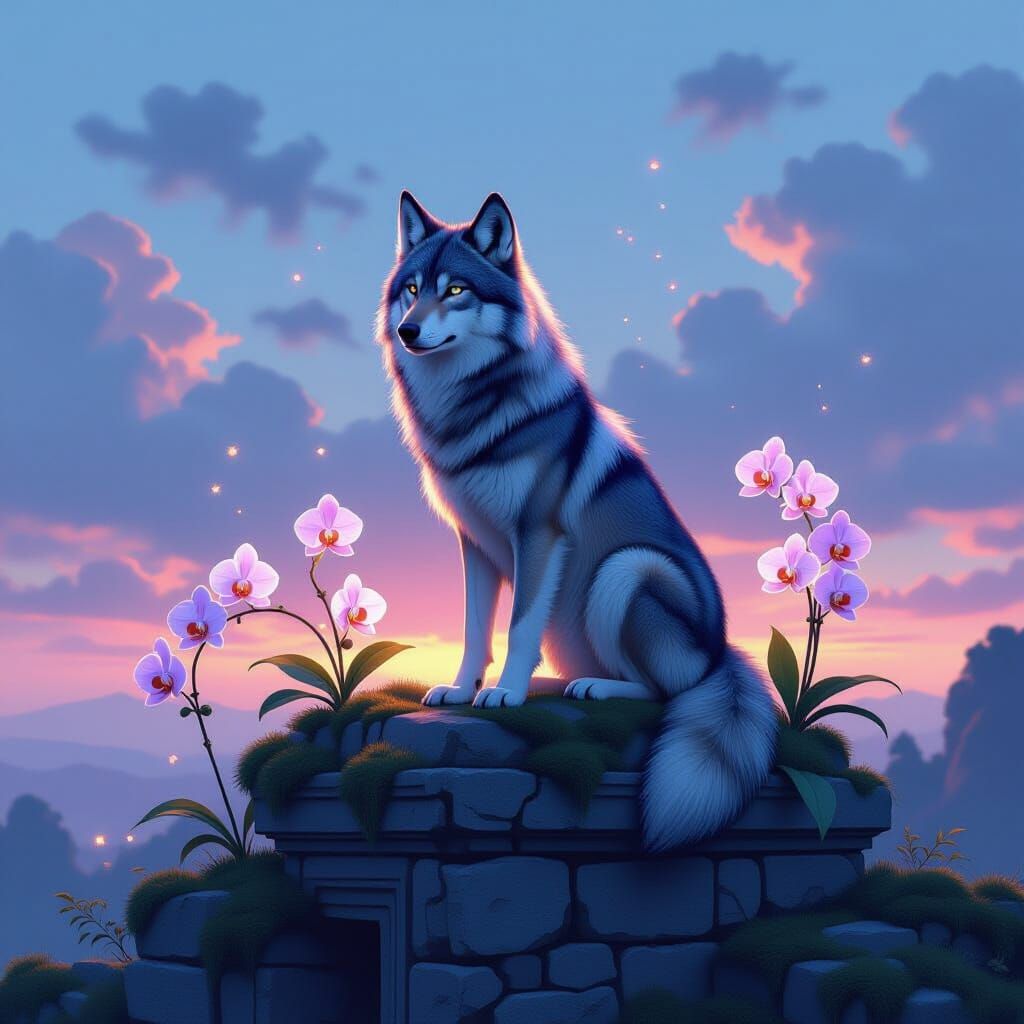 Wolf on Ancient Ruins Under Twilight Sky