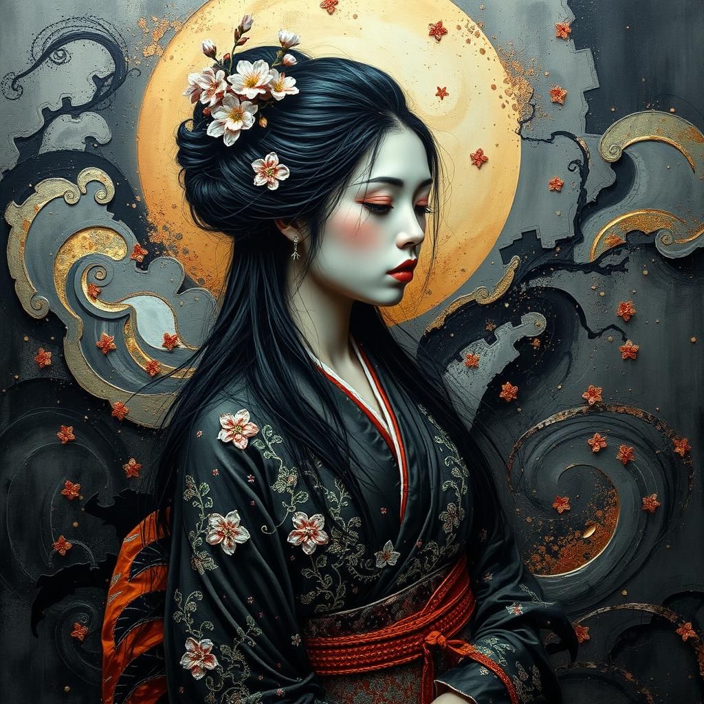Mournful Geisha in Dystopian Impasto Art Deco Style