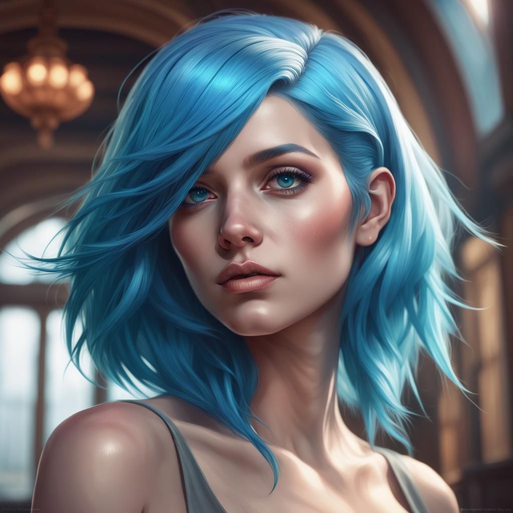 Blue-Haired Girl Portrait in Hyperdetailed Art Style