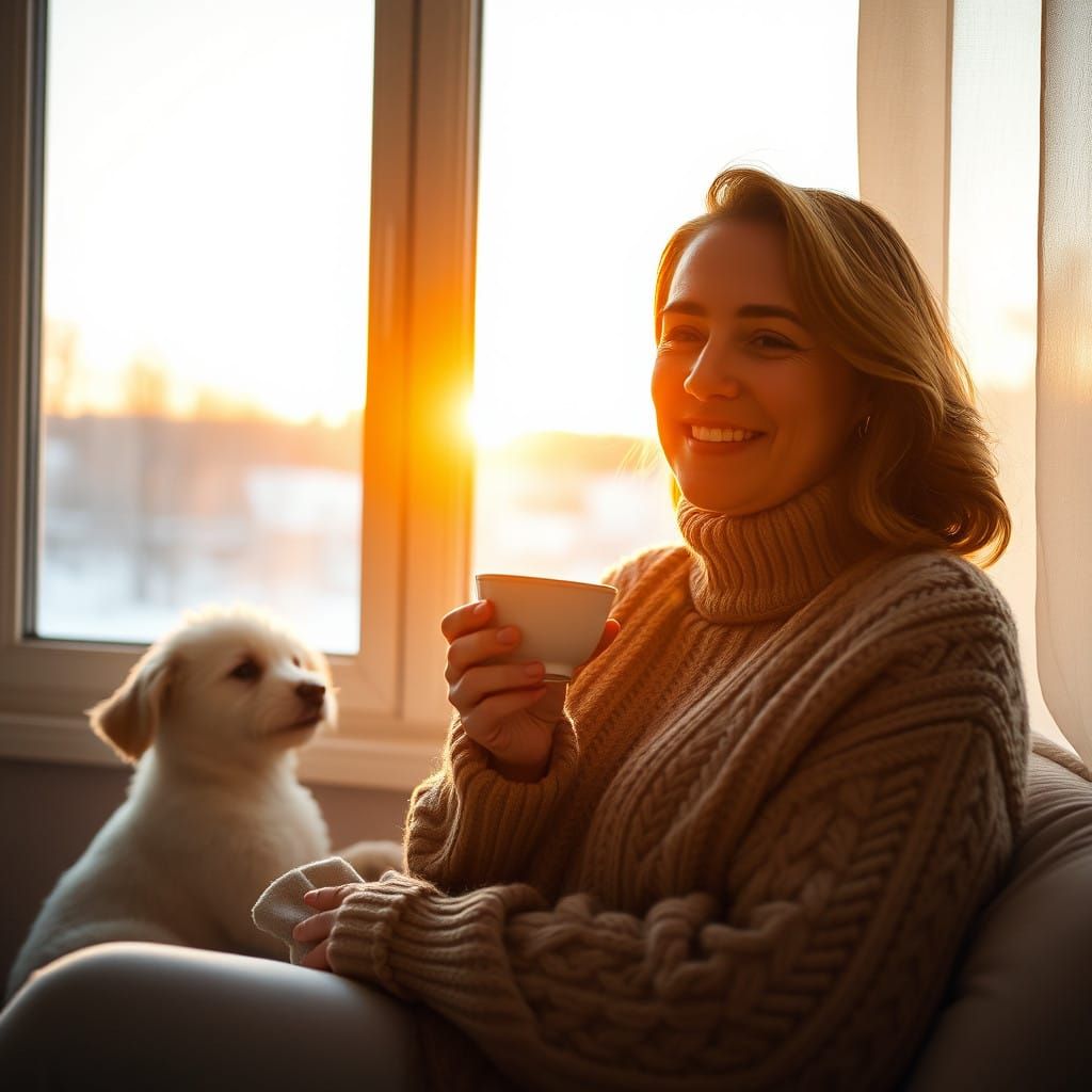 Warm Woman with Dog, Cozy Winter Scene